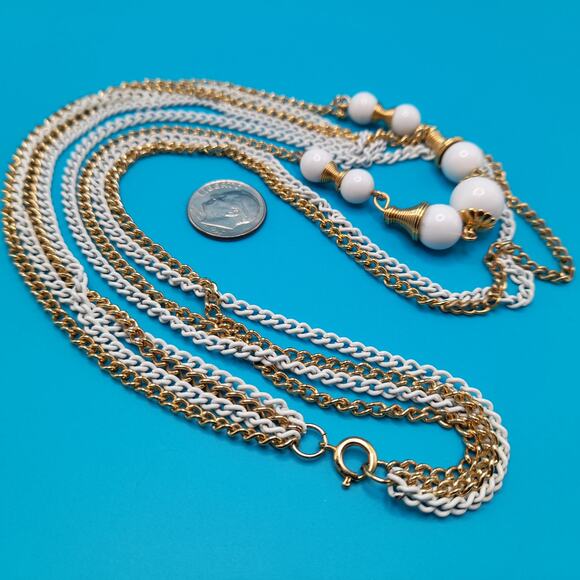 Vintage White Enamel Gold Tone Chain Necklace, Glass Beads, 4 Strands, 18" - Picture 7 of 9